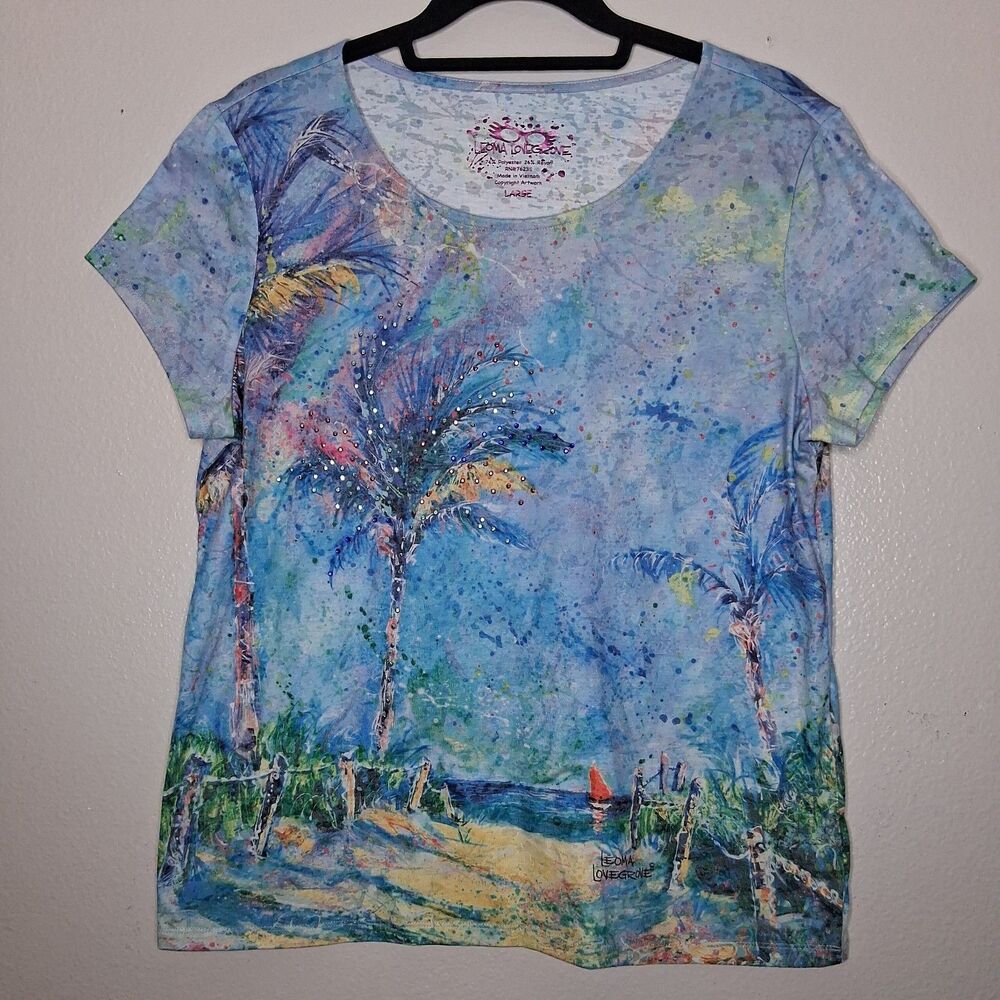 Leoma Lovegrove Tropical Tee Shirt  Palm Trees Beachy Art to Wear Colorful Sz L